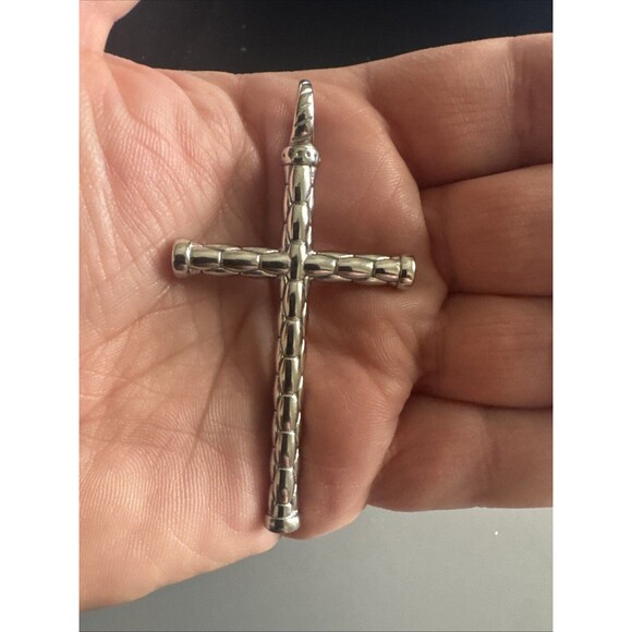 Vintage Jewelry Silver Tone Religious Cross Pendant 2.5 Inch Stainless Steel - Picture 3 of 6